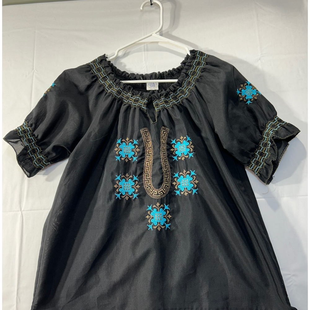 Mamiolakis Greek Peasant Blouse Black Turquoise Gold Embroidery Smocked Small